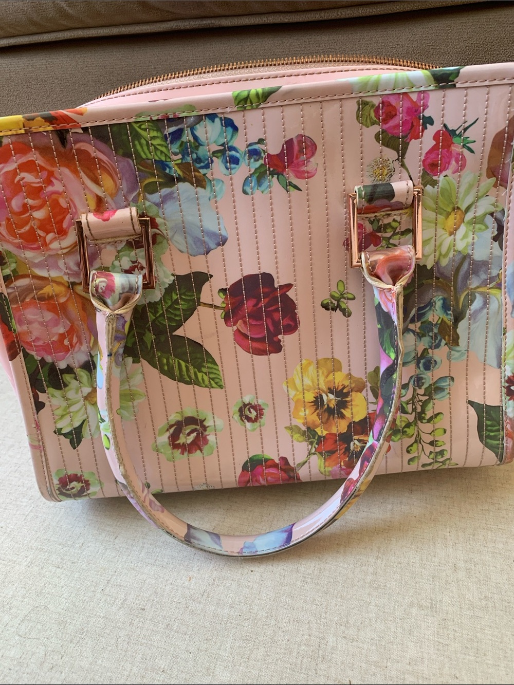 Ted Baker Pink Floral Quilted Tote Bag with Rose Gold Hardware